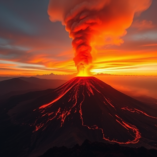 Capture a dramatic volcanic eruption at sunset, wide-angle view, f-stop 8, shutter speed 1/250s, ISO 100, shot with a DSLR camera to enhance image quality and detail.