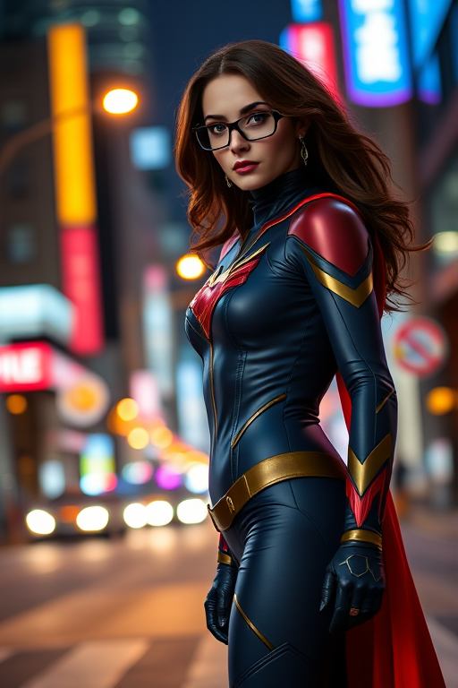 Superheroine in a sleek, dark blue and red suit with a prominent emblem, standing confidently in a vibrant city street at night, high resolution, 50mm lens, f/1.8, ISO 100, soft bokeh background, artificial lighting, cinematic style.