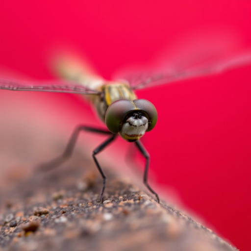 macro shot of a dragonfly perched on a textured surface with a vibrant red background, focus on intricate details of the wings and eyes, shallow depth of field, f/2.8 aperture, shutter speed 1/200 sec, ISO 100, 100mm macro lens, soft diffused lighting for enhanced clarity