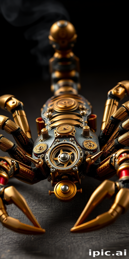 Create a high-intensity, high-resolution image of a steampunk scorpion, featuring intricate clockwork mechanisms and brass gears. The scorpion should have metallic limbs with elaborate jointed segments, showcasing a blend of Victorian-era aesthetics and futuristic technology. The body should be adorned with cogwheels, pistons, and small steam vents emitting a subtle mist, the front pinchers should up up and open. Capture the scene with dramatic lighting to emphasize the mechanical details, giving it a sense of motion and life