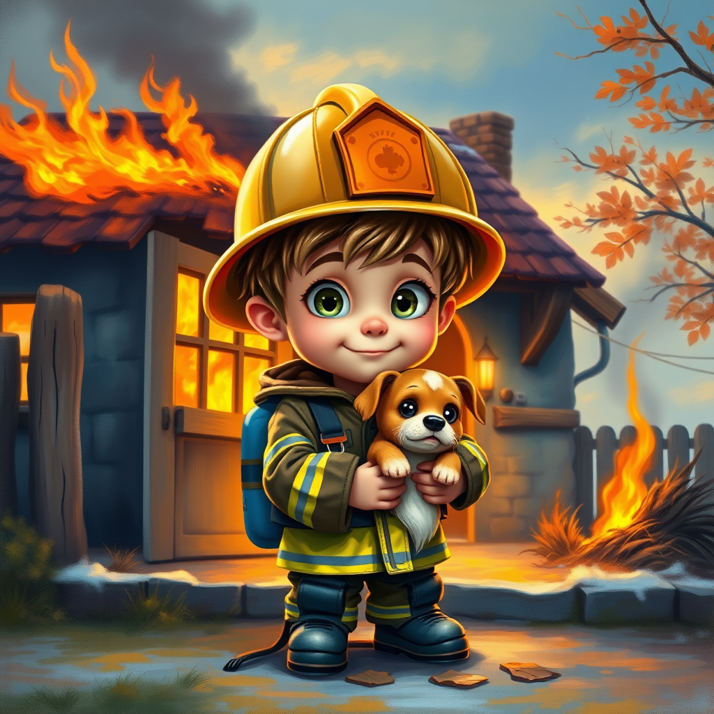 airbrushed oil painting, pixar style, cute little boy in fireman gear, helmet, tousled hair, expressive eyes, standing in the doorstep of a cottage burning behind him, holding a cute little dog in his arm, atumn sky