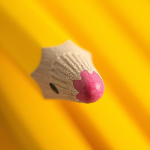 Create a high-resolution image of a classic yellow pencil with a pink eraser and sharpened tip, captured at a close-up view with a 50mm lens, f/1.8 aperture, and natural lighting to enhance details and texture.
