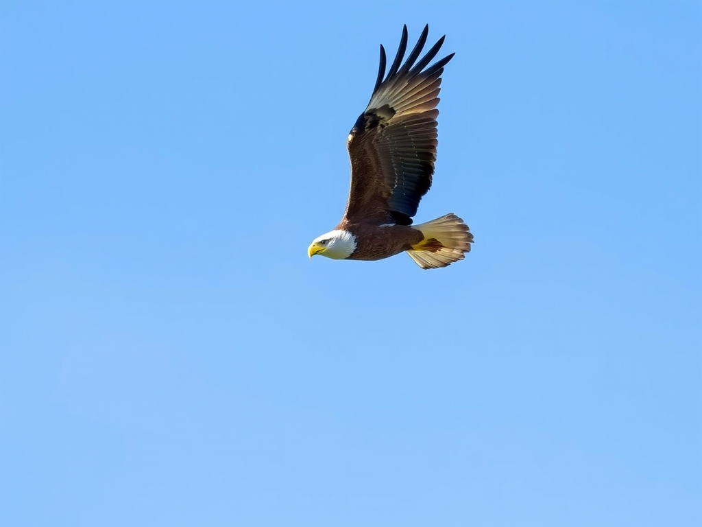 A soaring eagle in flight, high resolution, 50mm lens, f/4 aperture, ISO 200, natural lighting, captured from a low angle, with a clear blue sky as the background.
