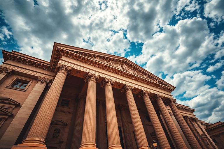 Capture a dynamic low-angle shot of a grand classical building with intricate details and tall pillars under a dramatic sky, using a full-frame DSLR camera at f/8, ISO 100, 24mm lens, and HDR settings for enhanced clarity and dynamic range.