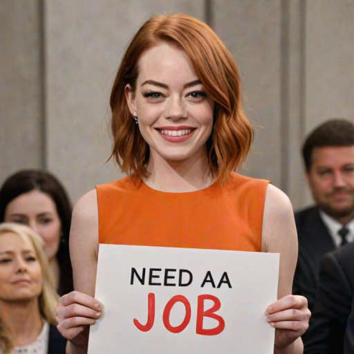caricature of a smiling Emma Stone in a Tangerine dress or suit, holding up a sign that says "NEED A JOB", no watermark,