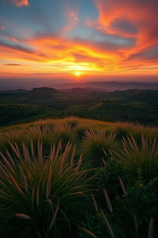Generate a high-resolution image of a serene landscape at sunset with vibrant colors, use a Canon EOS R5 with a 24mm lens, aperture set to f/8, ISO 100, shutter speed 1/125s, captured from a wide-angle perspective to emphasize the natural beauty and depth of the scene.