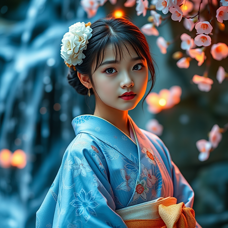 Create a celestial-themed portrait of a girl in a beautifully detailed kimono with shades of blue and white, surrounded by glowing flowers and waterfall elements, captured with a Canon EOS R5, 50mm f/1.2 lens, in a soft-focus style for a dreamlike atmosphere, utilizing a vibrant color palette and high dynamic range for enhanced image quality.
