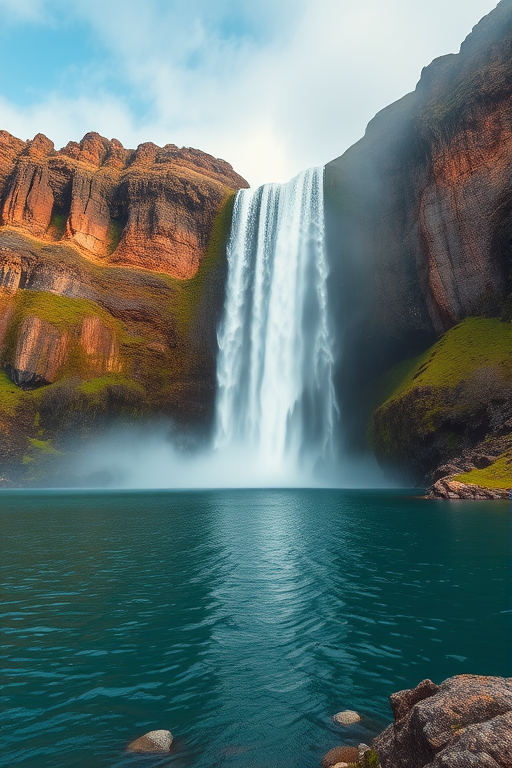 Create a high-resolution image of a majestic waterfall scene with two waterfalls cascading into a tranquil lake, surrounded by rocky cliffs and mist, using a DSLR camera at f/8 aperture, 1/125 sec shutter speed, ISO 100, in landscape orientation, with a focus on vibrant colors and sharp details.