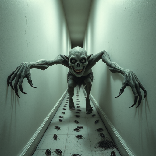 a crooked female with long arms and a creepy smile is crawling along a long white corridor and you can also see cockroaches in it there is a creepy atmosphere creepy art style