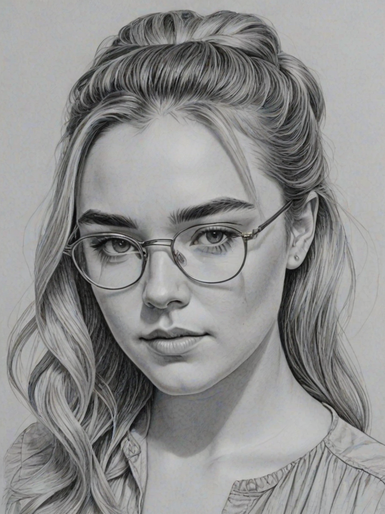 Comely Florence Pugh, pencil sketch, portrait of Lovely woman 1977s in glasses, hair style beatnik, outline, clear lines, fine lines, 8k