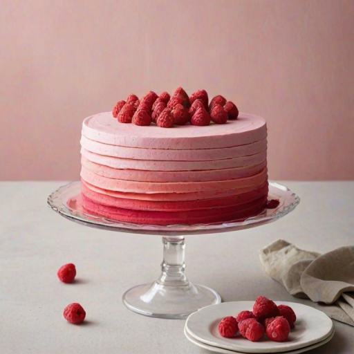 Create an image of a layered cake with an ombre pink frosting design. The cake should be topped with fresh raspberries and placed on a clear glass cake stand. Include a few raspberries scattered around the base of the cake and a soft, neutral-colored cloth underneath. The background should be bright and minimalistic to emphasize the cake's colors.