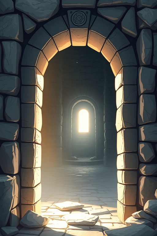 Create a detailed illustration of an ancient stone doorway partially open with bright light spilling out, showing a dimly lit chamber beyond, using high resolution, 50mm lens f/1.8, soft focus style, taken with a DSLR camera.