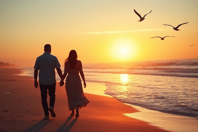 Warmly lit image of a couple walking hand-in-hand along a beach at sunset, soft glow from the fading light casting long shadows, with distant seagulls flying overhead and waves gently crashing against the shore.