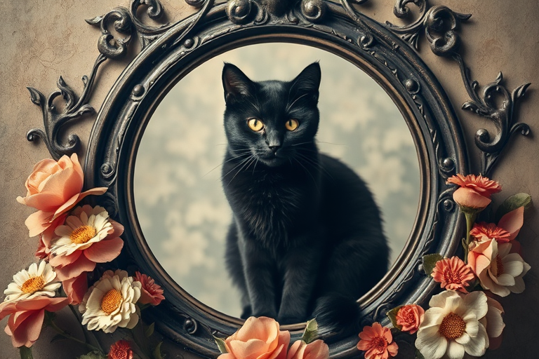 Create a vintage-style image of a black cat sitting inside an ornate circular frame surrounded by floral elements, use a Canon EOS R5 with a 50mm lens, aperture f/1.8, ISO 100, and a soft focus filter for an artistic touch.