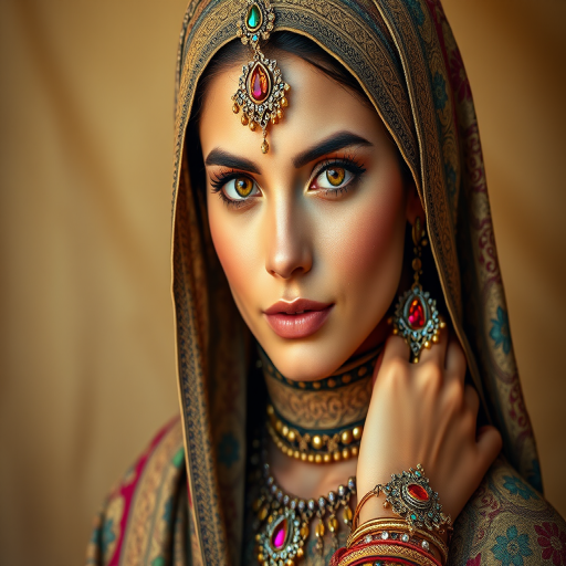 Create a portrait of a beautiful Arab woman with striking orange eyes and a gentle expression. She is adorned in traditional attire with intricate patterns, including a richly embroidered headscarf and matching garments. Her jewelry includes a delicate headpiece, dangling earrings, and ornate bracelets, all featuring vibrant gemstones and detailed metalwork. The background is soft and warm, enhancing the rich colors of her outfit and jewelry.