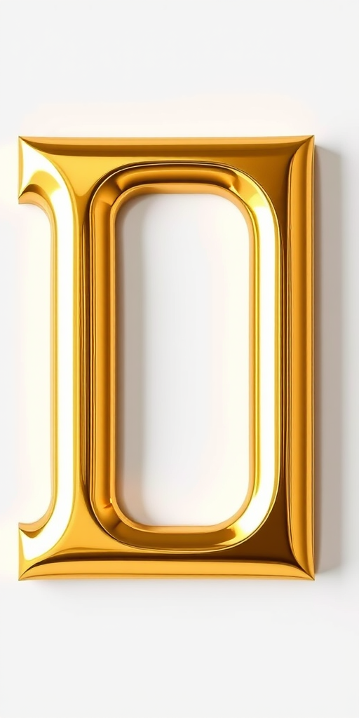 Create a high-resolution image of a large, shiny gold letter "T" with reflective highlights against a white background, using a DSLR camera with a 50mm lens, aperture set to f/1.8, ISO 100, and a soft focus to enhance the overall quality and depth.