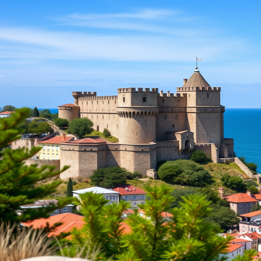 Generate a high-resolution image of a historic castle overlooking a coastal town, captured with a Canon EOS 5D Mark IV, aperture f/8, shutter speed 1/200s, ISO 100, shot from a slight angle to showcase the architecture against a vibrant blue sky, using landscape photography style.
