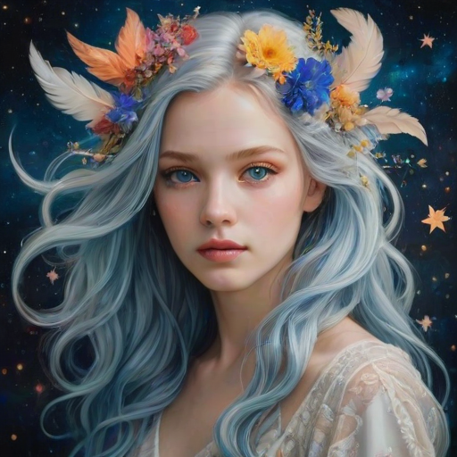 Create a series of imaginative portraits where each subject is infused with elements of fantasy and nature. The hair of the individuals should flow like clouds, varying from soft, fluffy cumulus to wispy cirrus strands, with hints of color reflecting a sunset or a clear blue sky. The eyes should be windows to entire galaxies, with stars, nebulae, and distant planets visible within them. Clothing should be adorned with nature motifs, such as floral patterns that bloom and change, vines that seem to grow and wrap around, or feathers that shimmer with iridescence. Each portrait should capture a unique personality, blending human features with the ethereal beauty of the natural and cosmic world. The backgrounds can vary, from starry night skies to enchanted forests, adding depth and context to the magical realism of the portraits