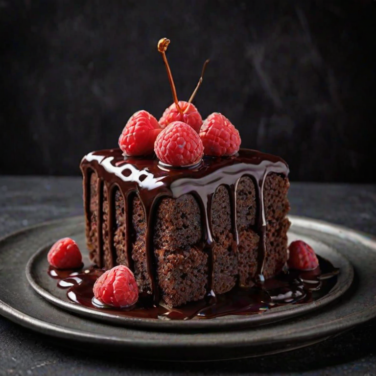 Create an image of a rich chocolate cake slice topped with fresh raspberries and a drizzle of chocolate sauce, set against a dark, moody background. Ensure the cake looks moist and decadent, with a focus on the texture of the chocolate layers and the vibrant color of the raspberries.