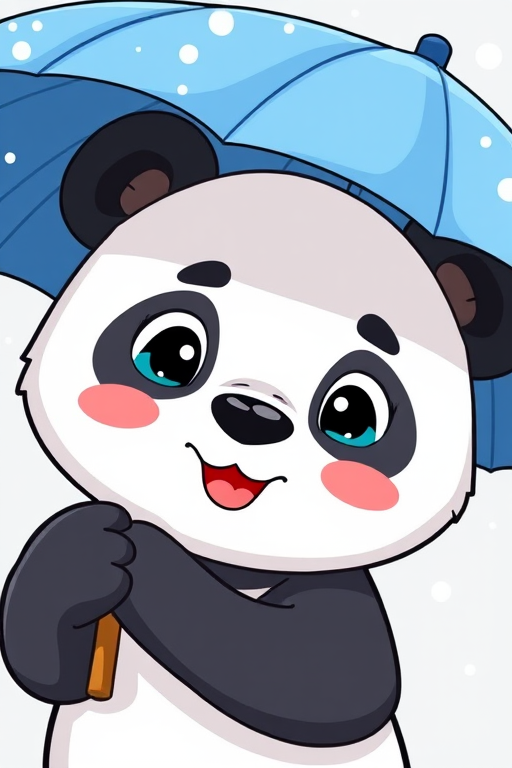 Create a cartoon illustration of a cute panda holding a blue umbrella with a playful expression, use a high-resolution format, set camera settings to f/8, 1/250 sec, ISO 200, shot from a close-up view, using a digital camera with a vibrant color profile.