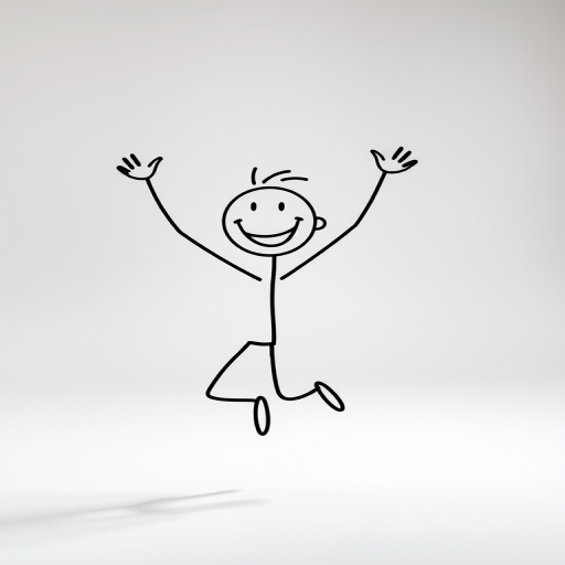 Create a vibrant, animated stick figure with a joyful expression, jumping with arms raised, using a Canon EOS R5 camera, 50mm f/1.2 lens, at f/1.8 aperture, ISO 100, 1/200 sec shutter speed, in a bright studio setting with soft lighting to enhance colors and smooth gradients.