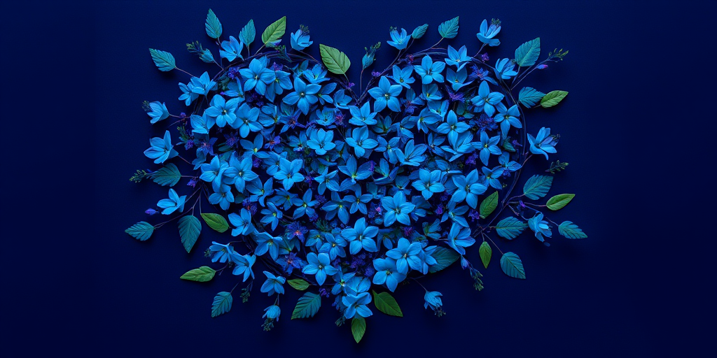 Create a vibrant, intricate heart design filled with various blue flowers and leaves on a deep navy background, using a DSLR camera with a 50mm lens, f/2.8 aperture, 1/100s shutter speed, and shot in natural light for enhanced detail and color saturation.