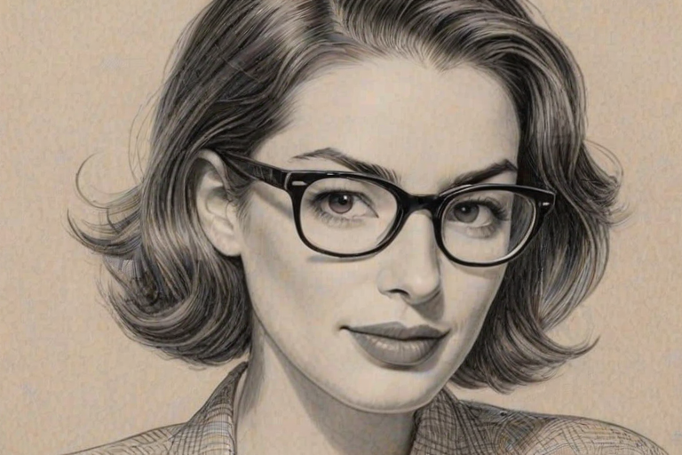 Radiant Anne Hathaway, pencil sketch, portrait of Comely woman 1947s in glasses, hair style beatnik, outline, clear lines, fine lines, 8k