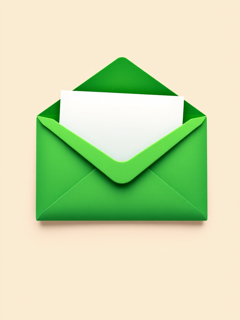 A vibrant green envelope slightly open with a letter peeking out, background in soft beige, high contrast, 50mm lens, f/2.8 aperture, ISO 100, slight bokeh effect, top-down view, digital illustration style.