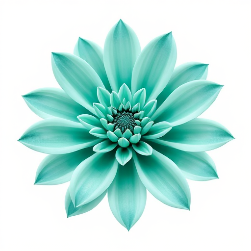 Create a vector illustration of a stylized flower with teal and mint green petals, set against a white background, taken with a DSLR camera at f/8 aperture, ISO 100, 50mm lens, in a macro view, using soft lighting to enhance details.