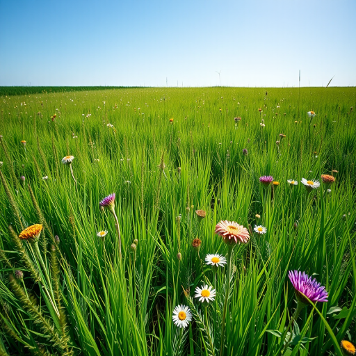 generate a vibrant green field with diverse grasses and wildflowers under a clear blue sky, captured with a Canon EOS R5, 50mm lens at f/2.8, ISO 100, natural light, wide-angle view for enhanced depth and clarity