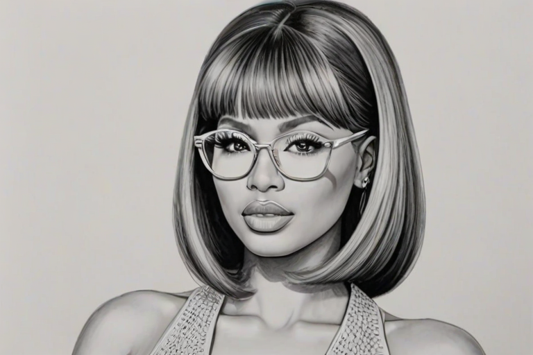 Appealing Nicki Minaj, pencil sketch, portrait of Superb woman 1963s in glasses, hair style beatnik, outline, clear lines, fine lines, 8k