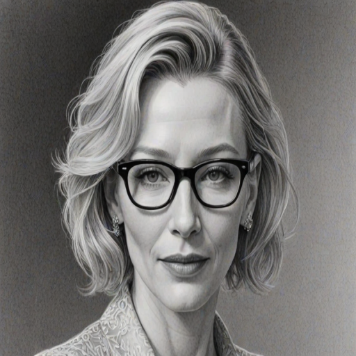 Bewitching Cate Blanchett, pencil sketch, portrait of Ravishing woman 1954s in glasses, hair style beatnik, outline, clear lines, fine lines, 8k
