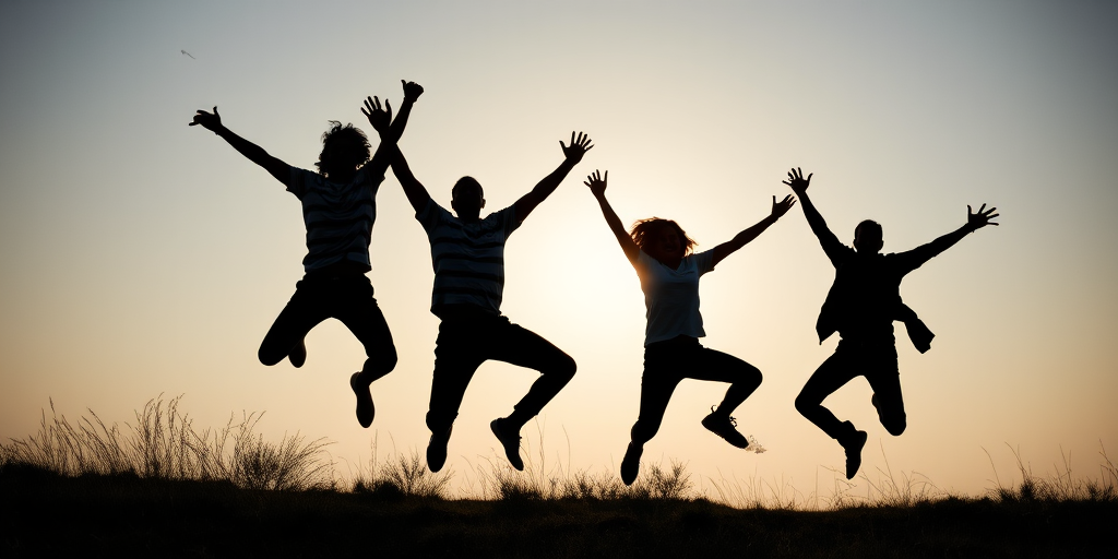 create a high-resolution image of four silhouetted figures joyfully jumping in different poses against a simple background, captured with a DSLR camera at f/8 aperture, 1/200 shutter speed, ISO 100, wide-angle lens, natural light, in a vibrant and dynamic outdoor setting