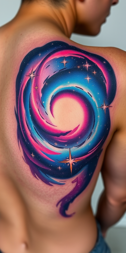 Ethereal body tattoo showcasing a cosmic galaxy swirling across the shoulder blades, rendered in vivid nebula-inspired hues with sparkling white ink stars