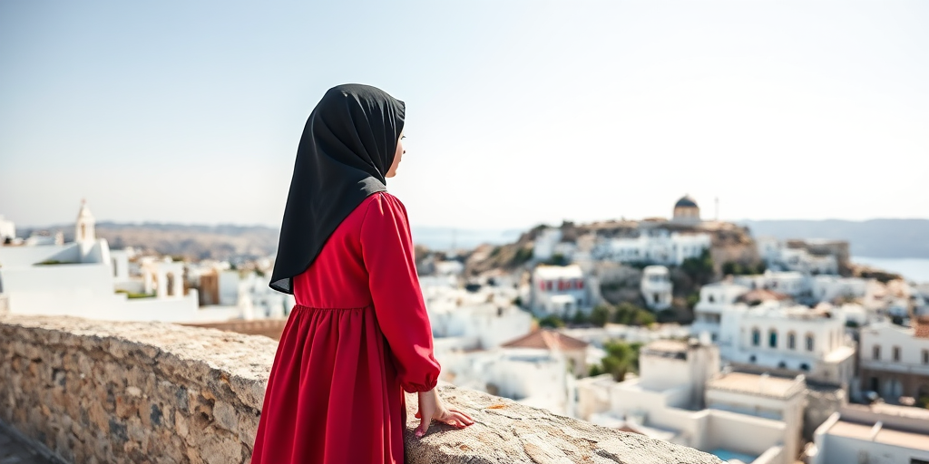 A young girl in a red dress and black hijab stands on a stone wall overlooking a small, sunlit town with white buildings against a clear sky, captured with a full-frame DSLR camera, 50mm lens, f/1.8 aperture, ISO 100, in natural light for enhanced detail and depth.