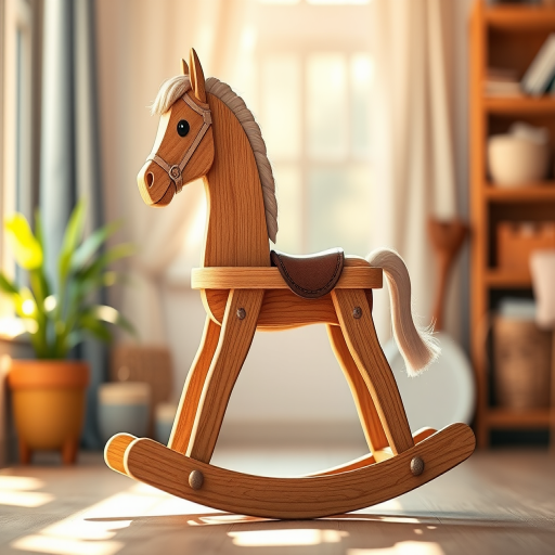 Create a high-quality digital illustration of a wooden rocking horse, using a 50mm lens at f/2.8, ISO 100, shot in natural light from a low angle with a soft focus background to enhance depth, in a vector art style.