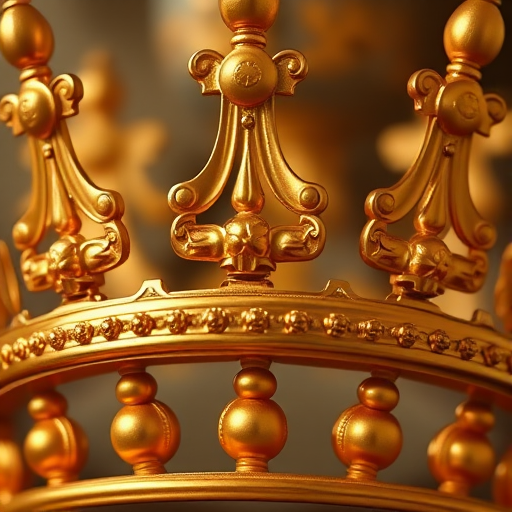 Capture a close-up of a golden crown, using a DSLR camera at f/2.8 aperture, ISO 100, shutter speed 1/100 sec, with natural lighting and a soft-focus background to enhance the richness of the gold detail.
