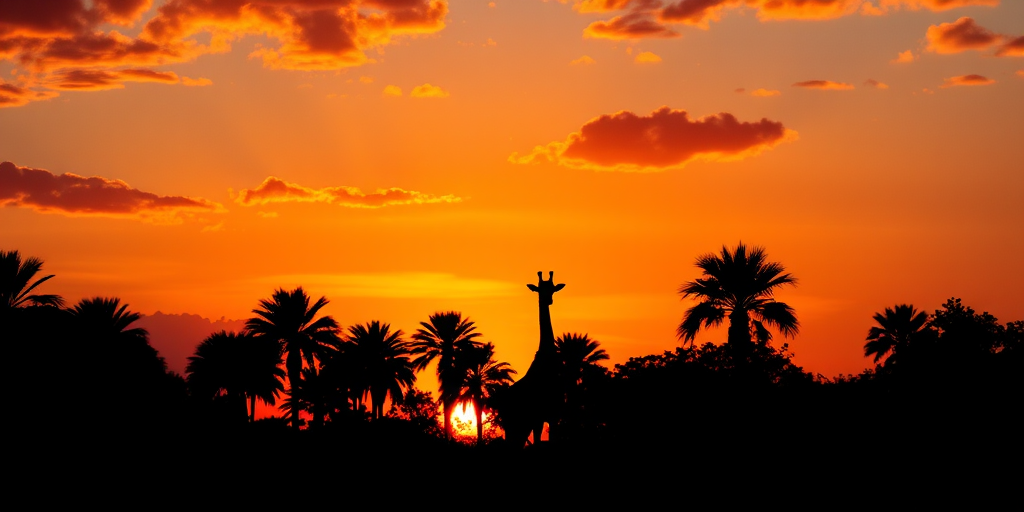 generate a vibrant sunset scene with silhouetted giraffes among palm trees, using a DSLR camera with a 24mm lens, f/8 aperture, ISO 100, and a panoramic view to capture the expansive sky and lush silhouettes.