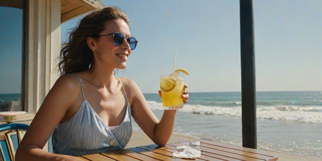 Seaside cafe on a sunny day, waves crashing against the shore, a woman sits at an outdoor table, her sunglasses reflecting the bright blue sky as she sips from a tall glass of lemonade.