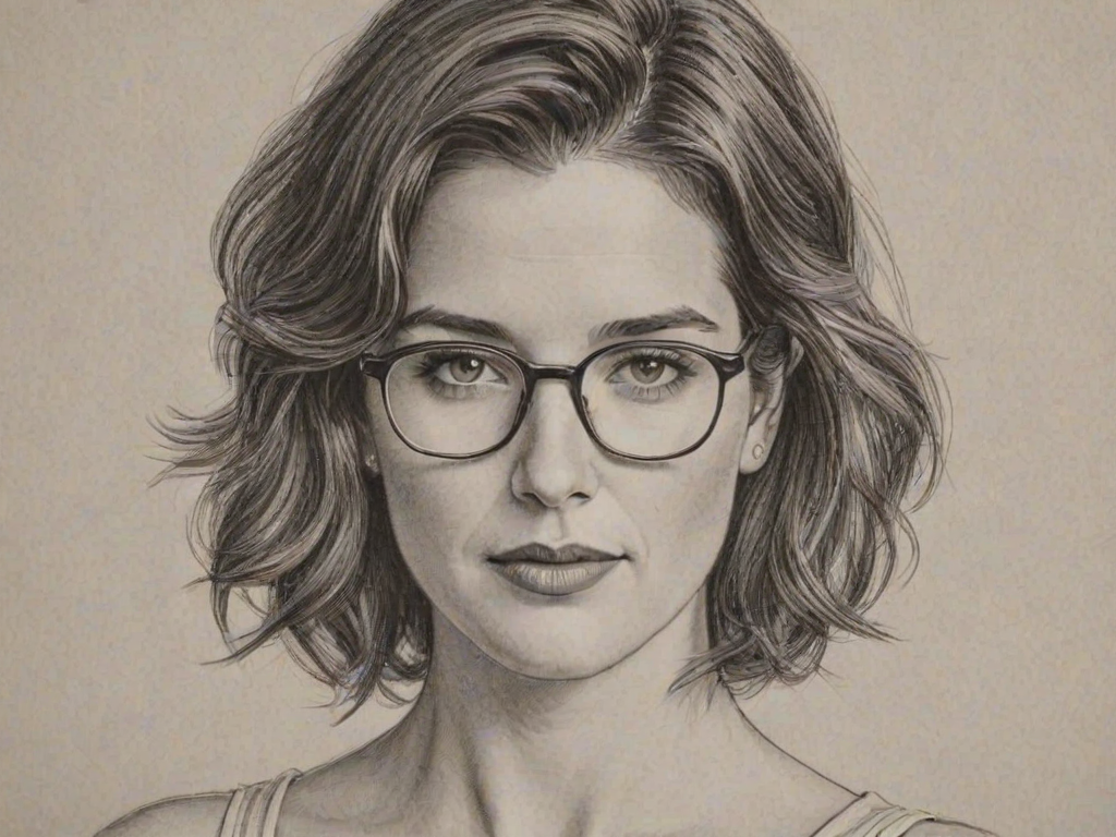 Appealing Cobie Smulders, pencil sketch, portrait of Enticing woman 1932s in glasses, hair style beatnik, outline, clear lines, fine lines, 8k
