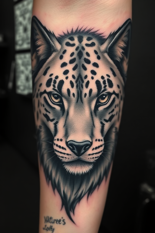 Photorealistic black and gray tattoo called "Nature's Portrait" depicting a highly detailed animal face with lifelike fur textures and soulful eyes, perfect for forearm or calf placement