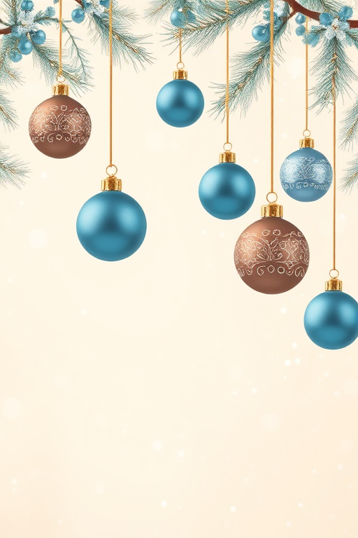 Create a high-resolution digital illustration of a winter-themed background featuring hanging ornaments in shades of blue and brown against a light cream backdrop, include soft snowflakes scattered throughout, simulate a 50mm lens, aperture f/2.8, ISO 100, use a soft focus style for a dreamy effect, and enhance the overall clarity and vibrancy for a festive atmosphere.