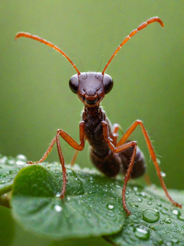a close-up of an ant perched on green leaves with a blurred colorful background, droplets of water on the leaves, captured in vivid detail