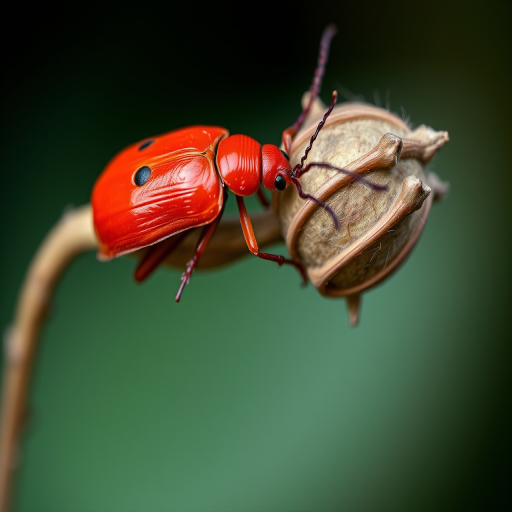 macro shot of a red beetle on a dried seed pod with soft blurred background f/2.8 aperture, ISO 100, 1/200s shutter speed, 100mm macro lens, natural light