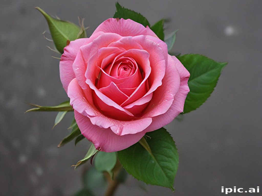A Beautiful Pink Rose in Full Bloom with Lush Green Leaves