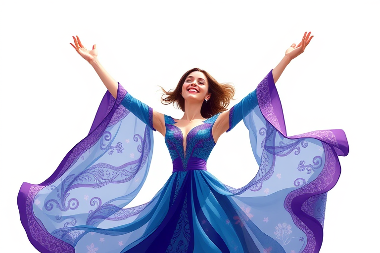 Generate an illustration of a woman in a flowing blue and purple gown with ornate patterns, arms raised in a joyful pose, using a Canon EOS R5 with a 24-70mm lens, f/2.8 aperture, ISO 100, and a soft focus background to enhance colors and details.