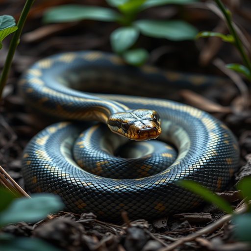 Regenerate a highly detailed image of a coiled snake in a natural habitat, using a DSLR camera with a 50mm lens, aperture set to f/2.8 for depth of field, ISO 100 for clarity, shot in soft natural light, from a low angle to emphasize the snake's texture and surroundings.