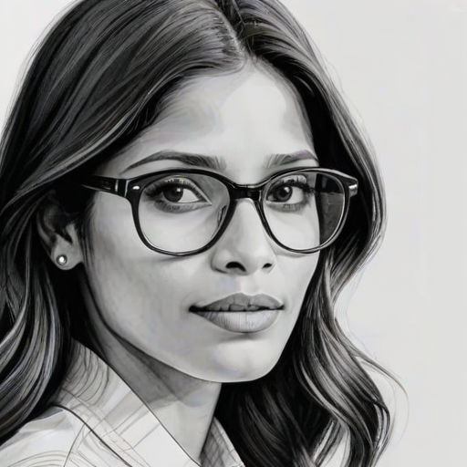 Fetching Freida Pinto, pencil sketch, portrait of Enticing woman 1973s in glasses, hair style beatnik, outline, clear lines, fine lines, 8k