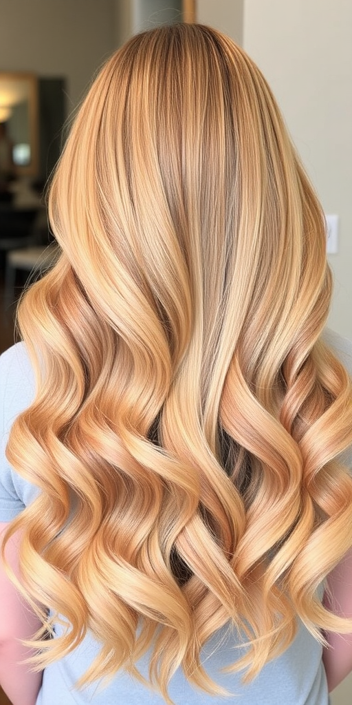 Radiant honey blonde mermaid waves, known as "Golden Cascade," flow gracefully down the back with subtle ombre effects and glossy shine