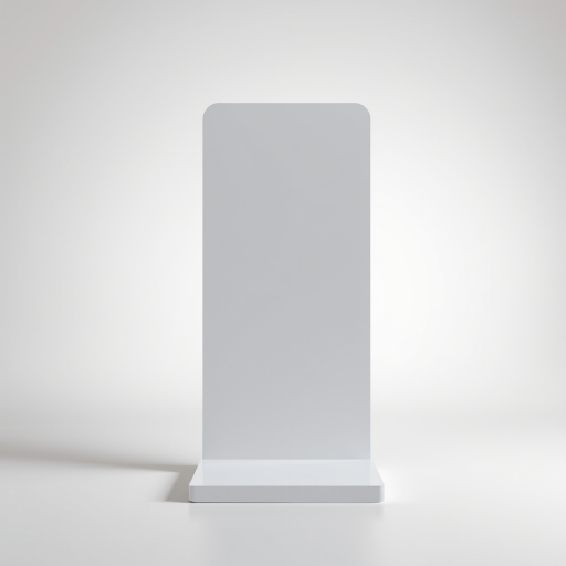 Generate a high-resolution image of a blank vertical display stand on a neutral background, with soft lighting, using a DSLR camera at f/4 aperture, 50mm lens, ISO 100, and a view from a slightly above angle for depth.